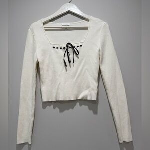 NWOT White Ribbed Square-Neck Knit Top with Bow Ribbon Size L
